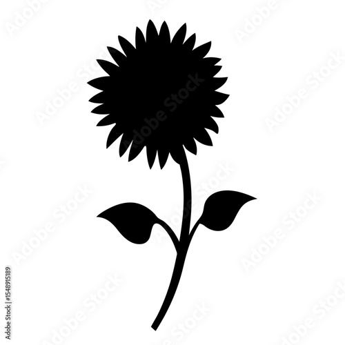 Simple silhouette of a sunflower with leaves on a white background