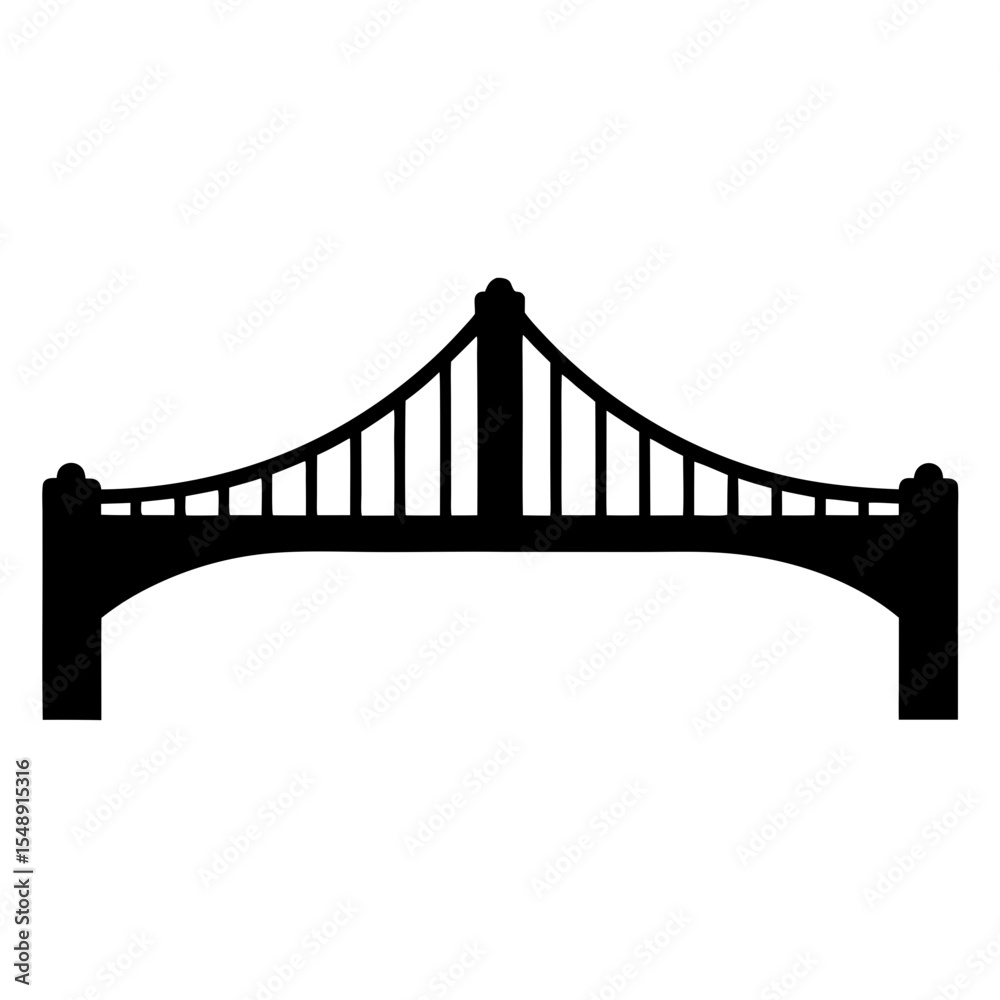 Fototapeta premium Black silhouette of a suspension bridge isolated on a white background