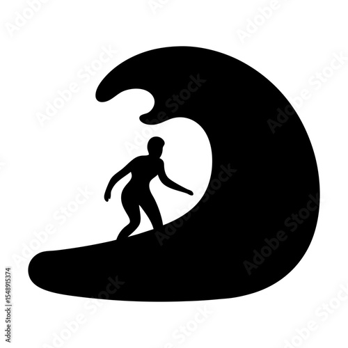 Minimalist Surfer Silhouette Riding a Massive Wave Illustration Black and White