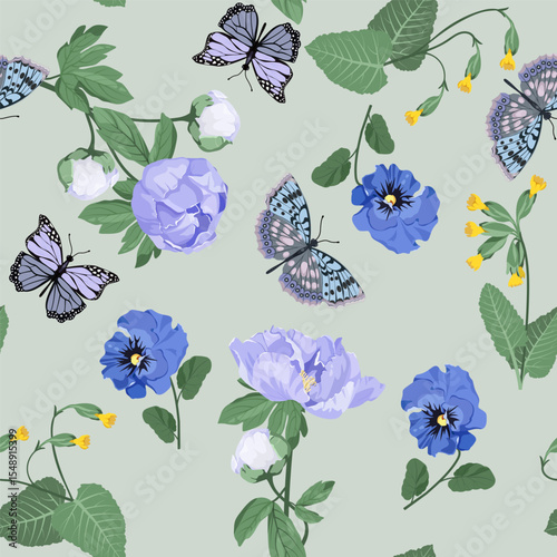 Blue peonies, pansies and butterflies on a blue background. For decorating textiles, packaging.