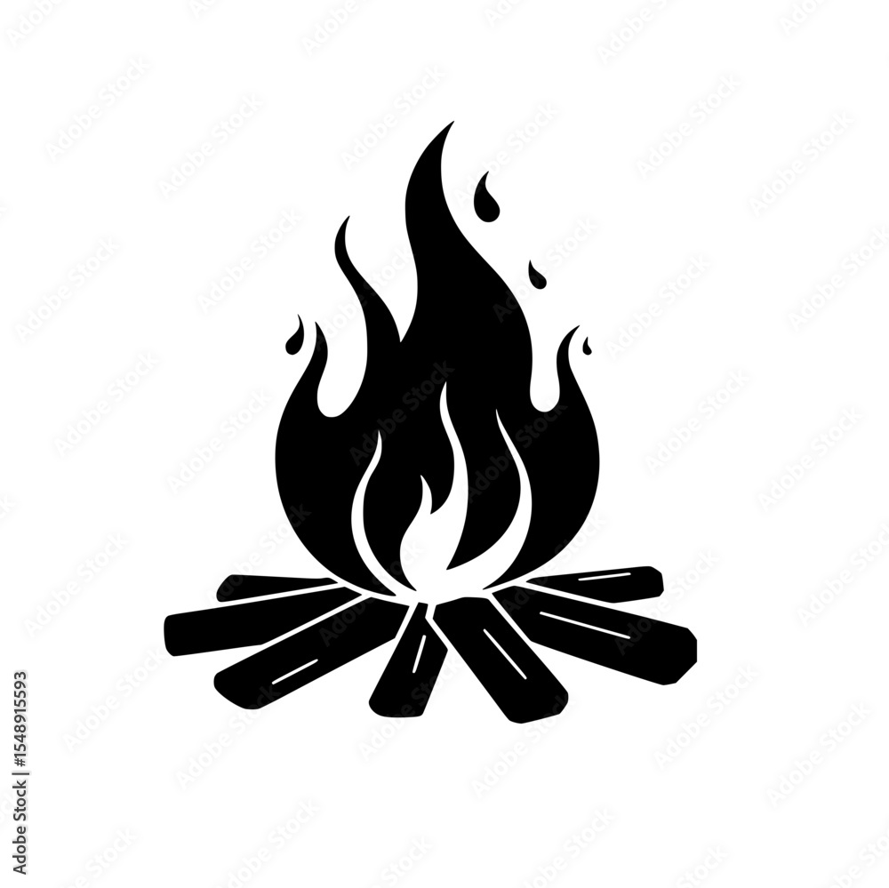 Campfire flames with logs in minimalist black silhouette style Campfire flames with logs in minimalist black silhouette style