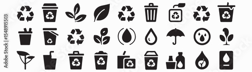 Eco and sustainability icon set. Vector glyph pictograms of recycle, tree, solar panel, wind turbine, environment, renewable energy, and conservation concept black silhouette illustration.