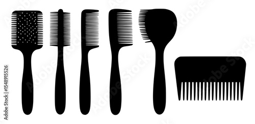 Set of black hair brushes and combs in various sizes and styles  