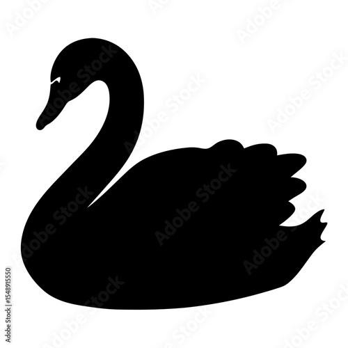 Black swan silhouette exhibiting elegant neck curve and graceful form on white