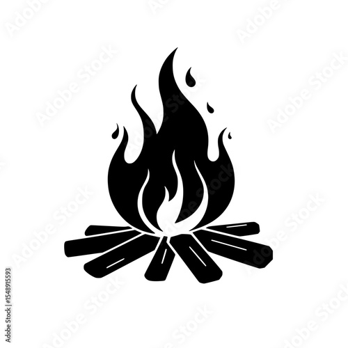 Campfire flames with logs in minimalist black silhouette style  