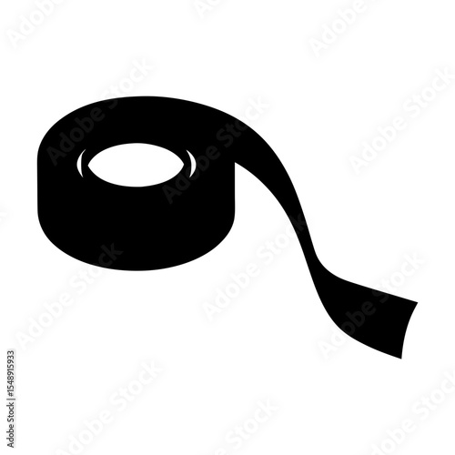 Black silhouette of a roll of tape with a loose end on white