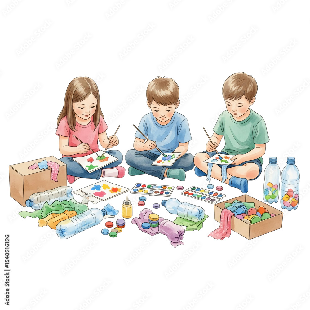 Fototapeta premium Children Painting Recycled Materials, Promoting Eco-Friendly Art, Sustainability, and Creative Environmental Education