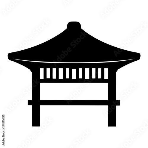 Silhouette of a traditional Japanese or Chinese style pavilion structure