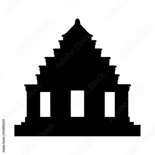 Black silhouette image of a layered temple or religious building architecture