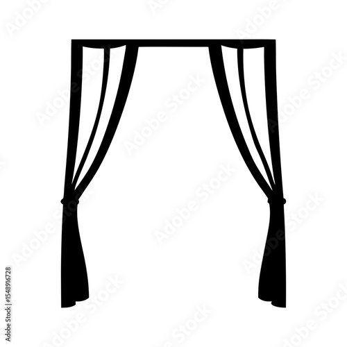 Elegant black and white illustration of window curtains hanging from frame