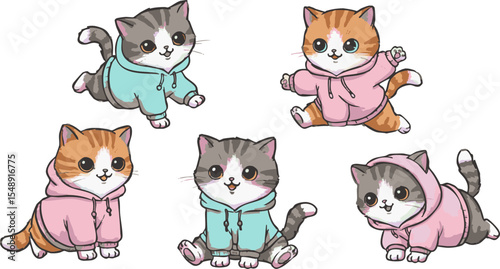Playful cartoon kittens wearing pastel hoodies are depicted in various poses on a white background creating a lighthearted and cheerful mood, ideal for children's illustrations and whimsical designs.