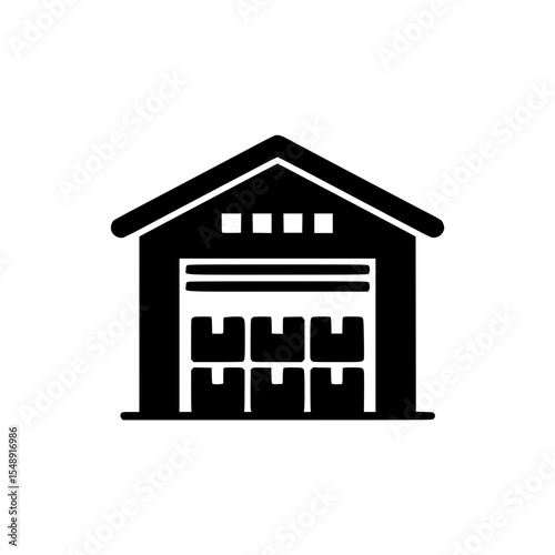 Black silhouette icon of a warehouse with stacked boxes