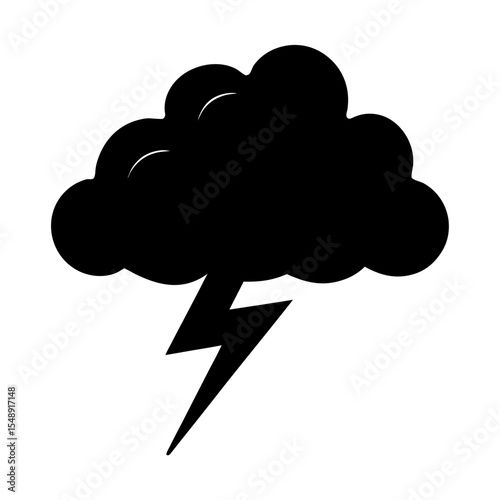 Black cloud with lightning bolt, vector graphic illustration on white background