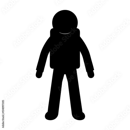 Monochromatic depiction of a figure wearing an astronaut suit or costume