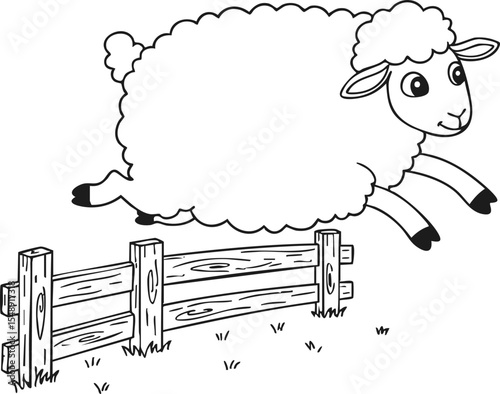 Cartoon sheep jumping over a wooden fence, illustrated in a playful black and white style, ideal for children's illustrations or educational resources on farm animals and simple animations.