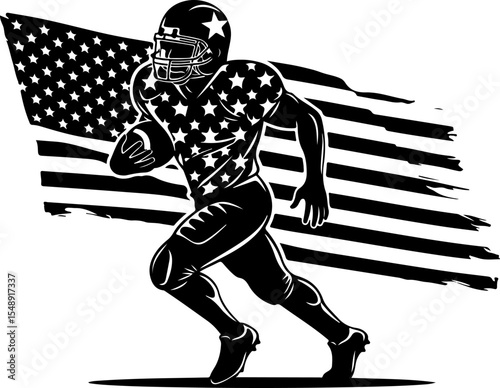 A dynamic silhouette of a football player in action, running with a football, set against a stylized US flag.