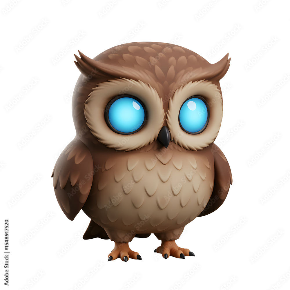 Fototapeta premium A cartoon owl with big blue eyes stands against a white background, perfect for children's books or educational materials.