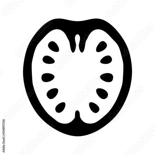 Stylized halved tomato illustration with seeds in bold black and white