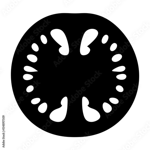 Monochromatic illustration of a sliced tomato, showcasing its internal structure and seeds