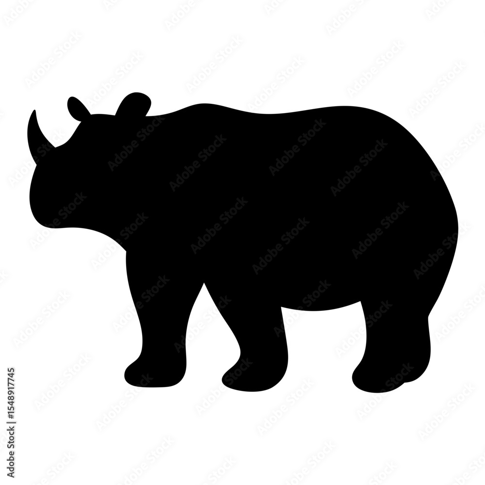 Fototapeta premium Black silhouette of a rhinoceros, isolated on a white background, standing sideways