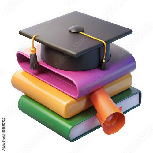 Graduation concept with mortarboard stacked books and diploma isolated on transparent background