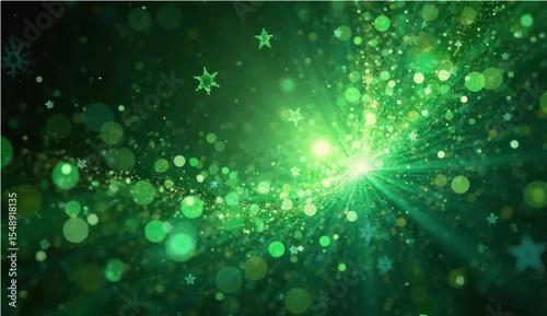 abstract Green glowing fiber optics background with bright bokeh light spots and abstract design