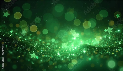 abstract Green glowing fiber optics background with bright bokeh light spots and abstract design
