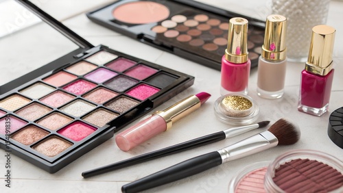 Glam Makeup Collection Flatlay with Eyeshadow, Lipstick, Nail Polish, and Beauty Brushes