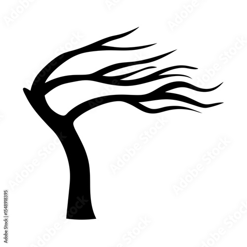 Silhouette of a Windswept Tree with Bare Branches against White Background