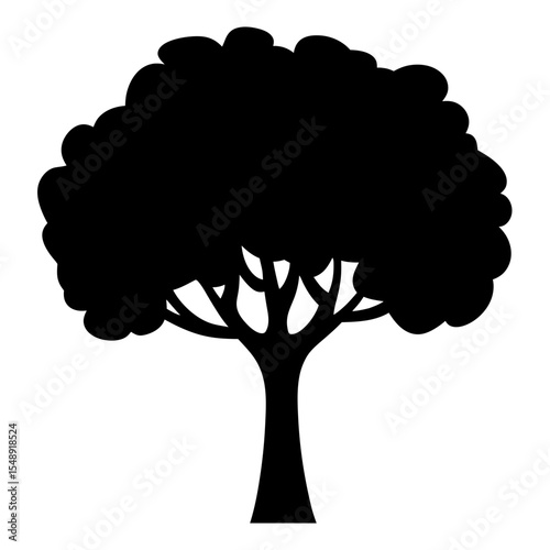 Stylized black silhouette of a tree with dense foliage against a white background