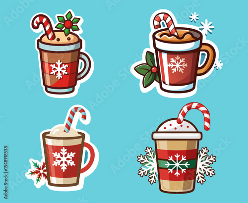 Festive Holiday Drinks A Collection of Cartoon Coffee Mugs Decorated for Christmas with Candy Canes