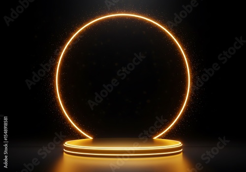 An elegant illuminated podium with a circular neon frame, designed for impactful product advertisement.
