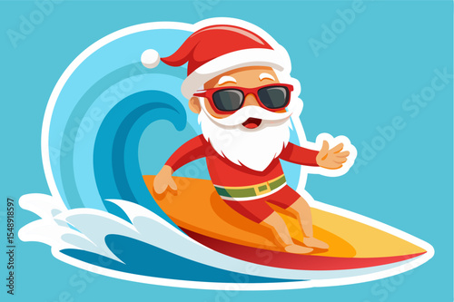 Cartoon Santa Claus Surfing on a Wave with Sunglasses and a Red Suit in Summer