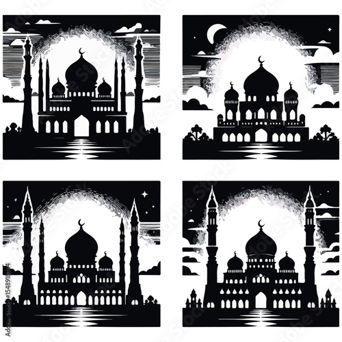 Islamic mosque silhouette vector  with white baground