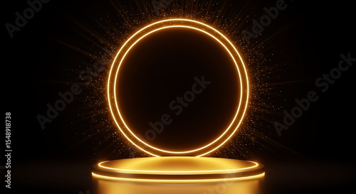 Dark background with a striking golden light ring and matching podium, creating an energetic spotlight effect.
