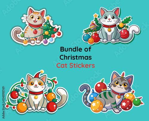 Festive Feline Fun A Collection of Adorable Christmas Cat Stickers on a Cheerful Teal Background