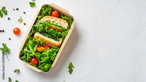Open molded pulp sandwich container filled with fresh vegetables and a sandwich, E-commerce visual, healthy food branding, compostable packaging