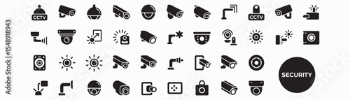 An array of black security icons featuring cctv cameras and security related symbols on a white background