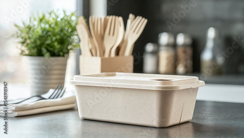 Molded pulp food box on a kitchen table with cutlery and plant in the background, Sustainable restaurant branding, food delivery visuals