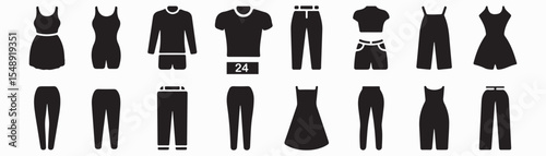 Collection of black clothing icons including dresses pants shirts and jumpsuits on a white background