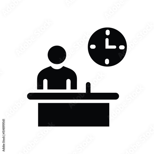 Office worker at desk with wall clock icon representing employee time management, punctuality, attendance, working hours tracking, productivity, work schedule, business environment and office routine
