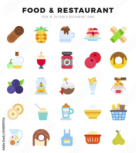 Food and Restaurant Flat icons collection. 25 icon set. Vector illustration.