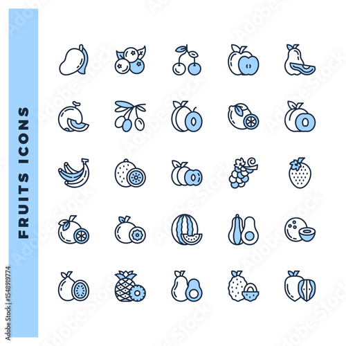25 Fruits Two Color icons pack. vector illustration.