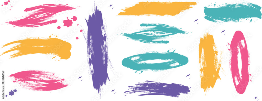 Various width brush strokes Mega bundle of different ink brush strokes:rectangle,square and round freehand drawings.Ink splatters,grungy painted lines,artistic design