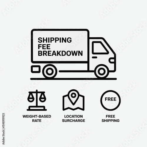 Shipping Fee Breakdown Illustration Featuring a Delivery Truck Weight Based Rate Location Surcharge and Free Shipping Options Depicted with Line Icons on a Light Gray Background