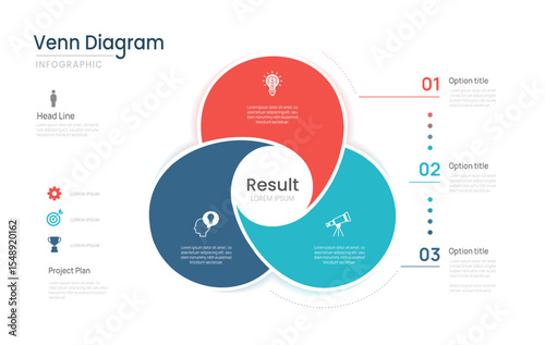 Venn diagram business infographic circle chart template three steps options, presentation with venn diagram elements vector illustration.