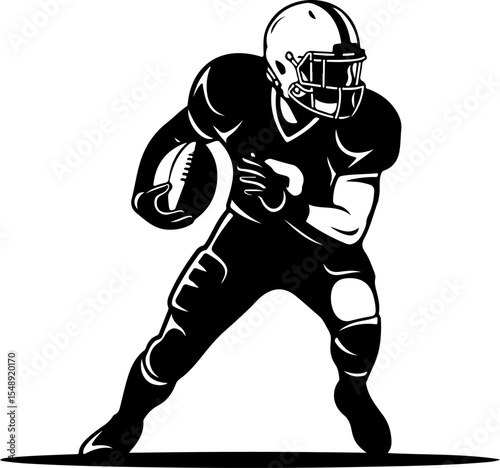 A bold, black and white silhouette of an American football player in a dynamic running position.
