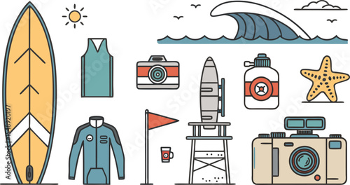 travel and tourism Flat Icon Set of Surfing and Ocean Hobby Essentials Includes Surfboard, Wave, Wetsuit, Sunblock, Beach Flag, Lifeguard, Shark Fin, and GoPro Camera.