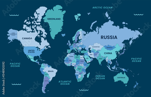 World Map Vector Illustration with Labeled Continents