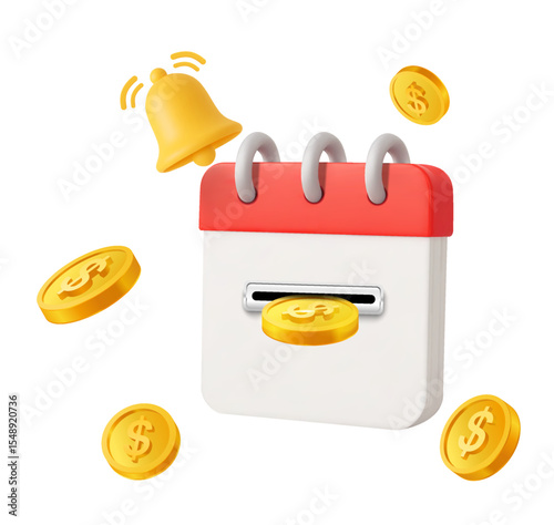 3d minimal calendar with yellow notification bell, coins coming out, isolated on white background. Realistic calendar, earning and interest income date icon in 3d vector. Vector illustration